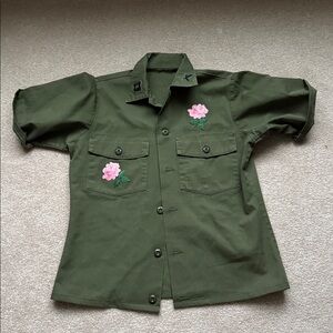 Military Button-Up Shirt with Floral Embroidery